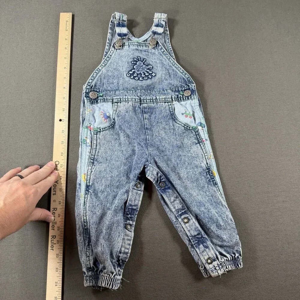 Vintage OshKosh B'Gosh Denim Overalls Sz 18 Months USA Made Acid Wash 3D Bugs